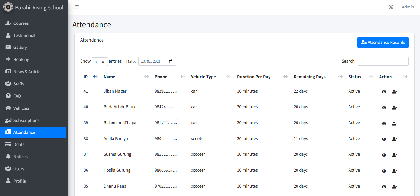 Baniya Driving School Attendance
